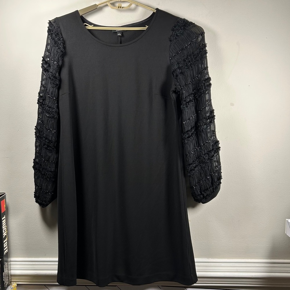 Alfani Shift Dress Womens Large Black Modern Textured Sequin Sheer Sleeve career